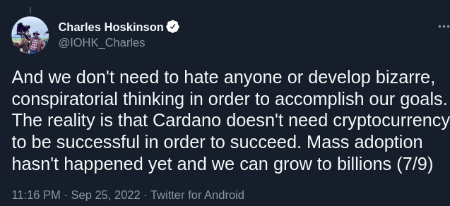 He actually tweeted this

Cardano has never consistently had more than 1 transaction per second.

$ADA is a stain on this industry that never seems to wash out