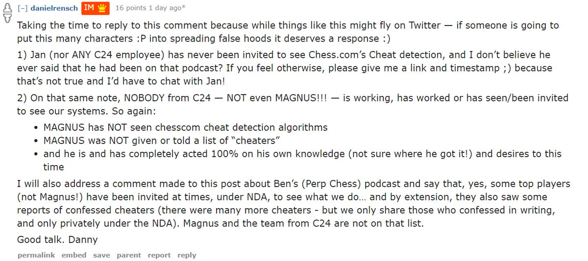 ChessRumors's tweet photo. Danny Rensch explains on reddit that Magnus has not seen any confidential ChessCom cheat detection information and is acting on his own. https://t.co/eodobmsuqO