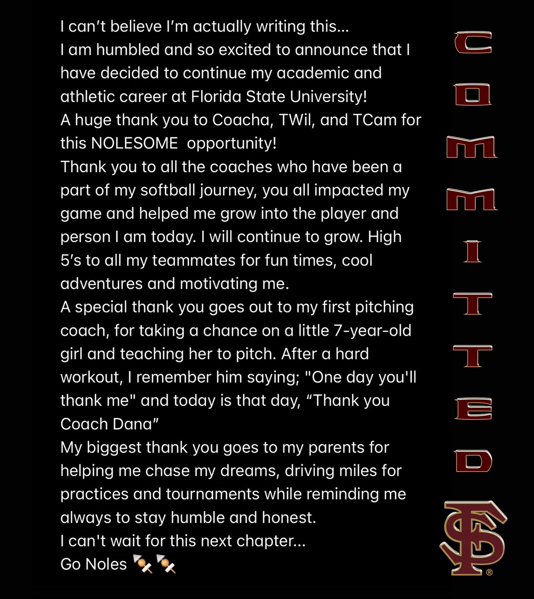 JazzFrancik2024's tweet photo. 🍢So, so grateful to join the Nole Family🍢 Dreams really do come true! Go Noles!!
@Coach_Alameda @FSU_CoachWilson @TCam_FSUSB @CoachElCooper @KaleighRafter @FSU_Softball 

@coachdanedel @LegacyLegendsS1 @Los_Stuff @SoftballConnect @ACCsoftball https://t.co/2XSYZzTQpf