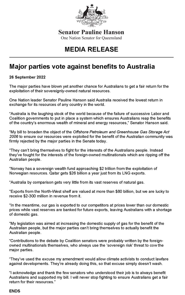 PaulineHansonOz's tweet photo. MEDIA RELEASE | Major parties vote against benefits to Australia
The major parties have blown yet another chance for Australians to get a fair return for the exploitation of their sovereignly-owned natural resources. https://t.co/dVezFPLSx5
