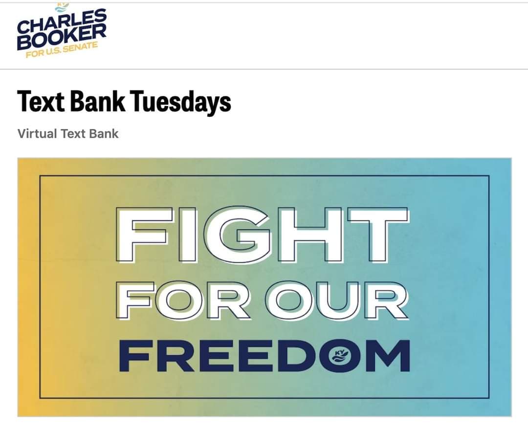 Join the <a href="/Booker4KY/">Charles Booker</a> Team for our weekly statewide text bank. Reach individuals in your network and mobilize them to support Charles through their time, talent, and -- most importantly -- their vote!
Every Tuesday until election day 
mobilize.us/bookerforkentu…