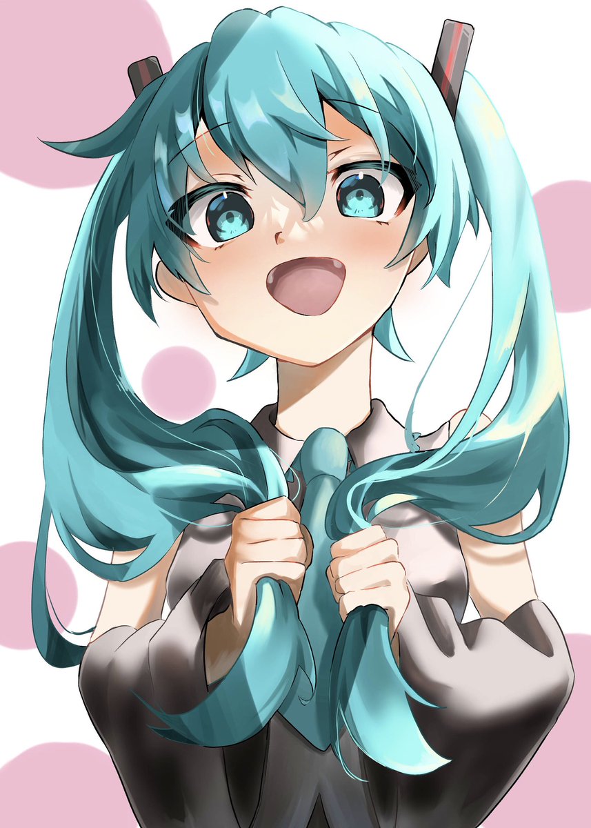 hatsune miku 1girl solo twintails long hair holding hair open mouth detached sleeves  illustration images