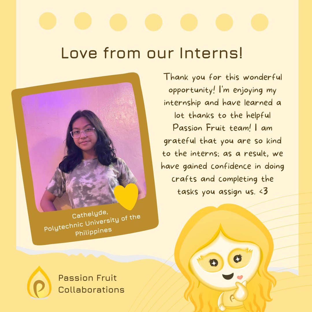 Collaborating with young minds always brings in new ideas here at Passion Fruit Marketing Collaborations!💡

Featured Intern: Cathelyde Ann Dela Torre of PUP ⭐️

Check out her message to the PF Team! 🙌🏼

#PFTeam
#PFInternship
#PassionFruit