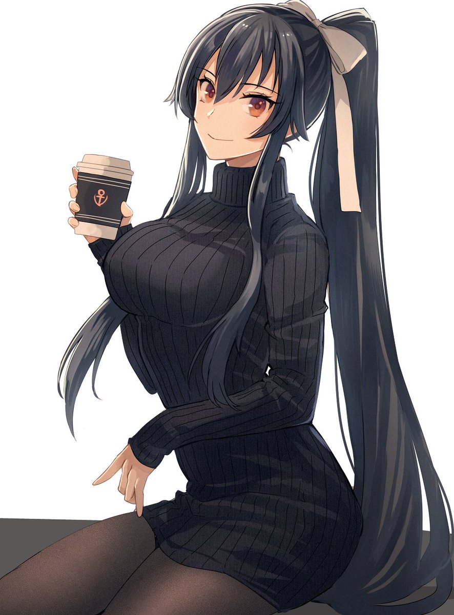 yahagi (kancolle) 1girl solo long hair black hair pantyhose ponytail cup  illustration images