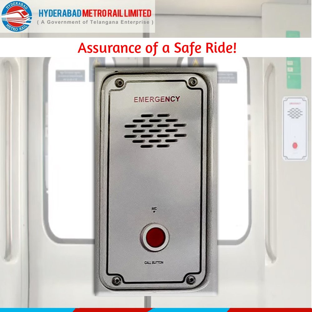 While travelling through #HyderabadMetro, you can press the ‘Call’ button provided in all the coaches, in case of any immediate/emergency assistance. #Metrorail #Hyderabadmetro #CallButton #Emergency #MyMetroMyPride