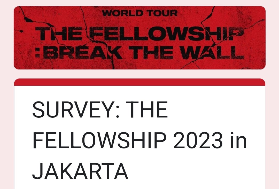 ateez_ina's tweet photo. [📰] SURVEY: FELLOWSHIP IN JAKARTA🇮🇩 (2023)

🔗https://t.co/bKHViujzhb

INATINY, kami sedang mengadakan SURVEY untuk konser The Fellowship : Break The Wall di Jakarta. Jika kalian berencana untuk menonton konser solo ATEEZ, silakan mengisi form tersebut ya! https://t.co/9CI9dKDKo7