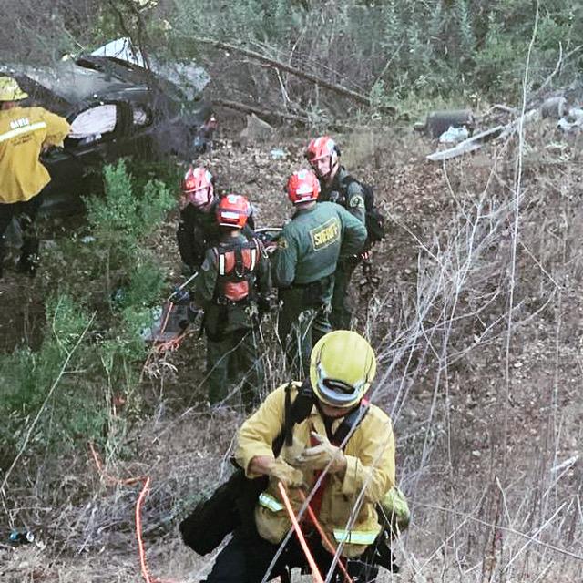 Yesterday afternoon we responded to assist with the #lobofire in #Calabasas. While at the command post, a call was dispatched for a car 200 ft over the side near Mullholland Hwy. Sadly, the 21 yr old male driver perished in the crash. We assisted the coroner w/ the recovery.