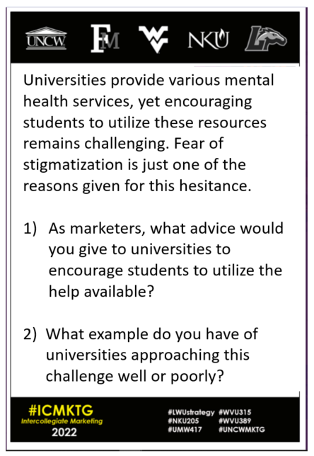 CopywriterBob's tweet image. It's Week 4️⃣ of #ICMKTG. We'll address mental health issues on campus &amp;amp; what we as marketers can do to encourage students to get the help they need. Wild ideas are welcome. #WVU315 #WVU389 #NKU205 #UNCWMKTG #LWUstrategy #UMW417 For additional insight... forbes.com/sites/christop…