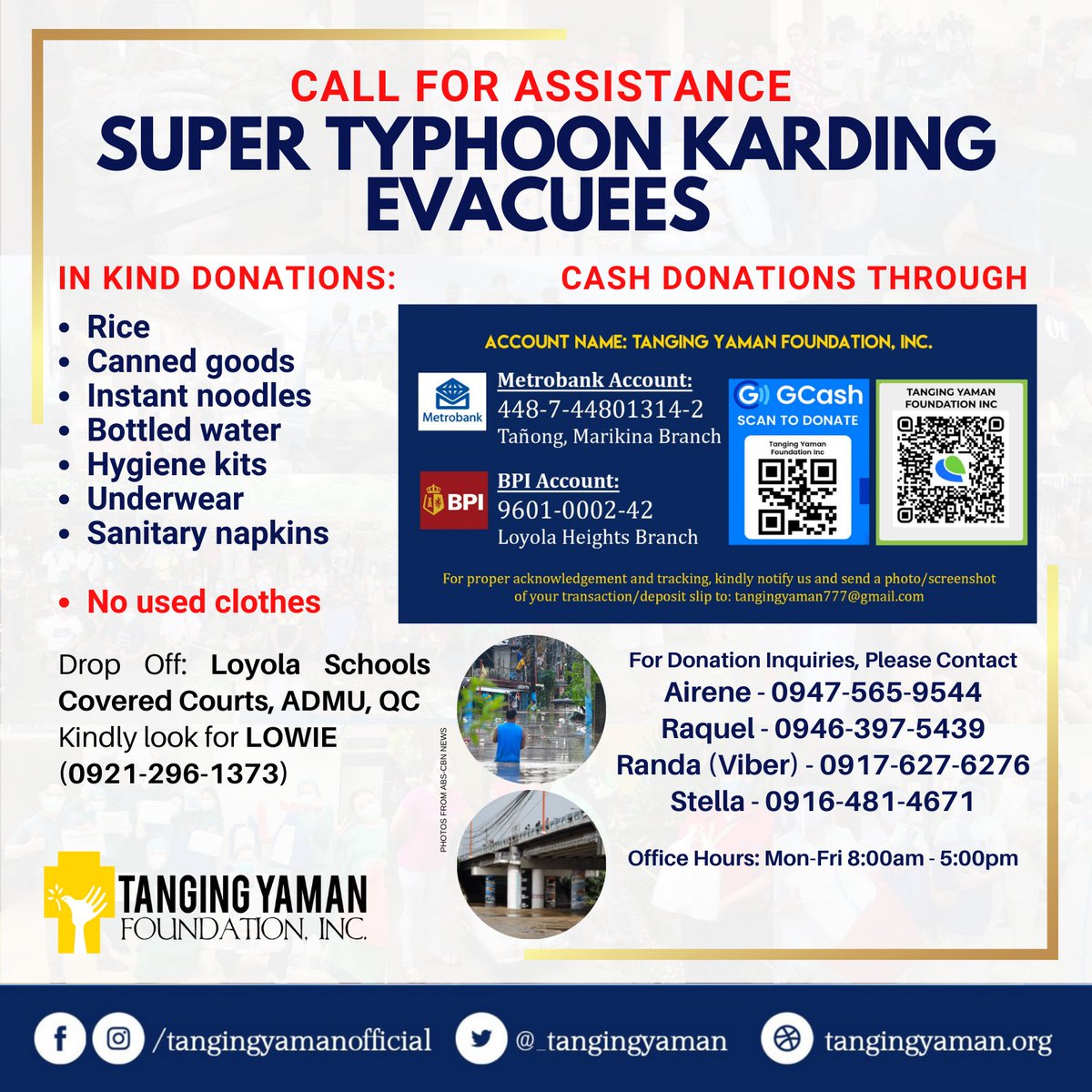 CALL FOR ASSISTANCE FOR SUPER TYPHOON KARDING EVACUEES

<a href="/_TangingYaman/">Tanging Yaman Foundation</a>
#KardingPH
#ReliefPH