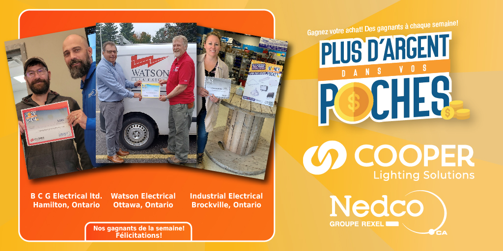 Nedco_Canada's tweet image. Félicitations à tous nos gagnants de la promotion Plus d’argent dans vos poches avec Cooper Lighting! Vous pourriez être un gagnant et avoir plus d’argent dans vos poches vous aussi! Apprenez-en plus ici : pages.nedco.ca/cooper-promoti…

#nedco  #cooperlightingsolutions