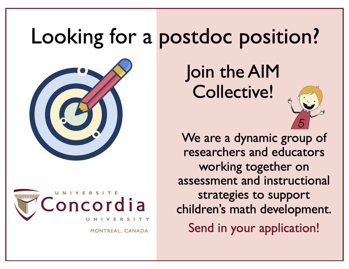 OsanaHelena's tweet image. Keen on applied research that unites researchers and educators in supporting children’s math development? The @MathTeachLrnLab at @Concordia is looking to hire a dynamic postdoctoral fellow to collaborate in the AIM Collective! 
@SSHRC_CRSH Apply: tinyurl.com/AIM-Postdoc