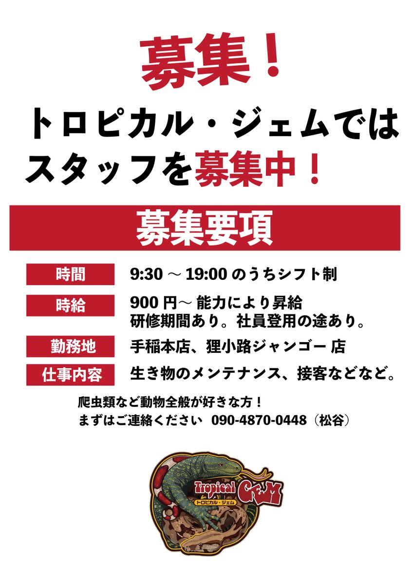 TropicalGEMGEM's tweet photo. 弊社ではスタッフを募集してます。

爬虫類好きな方。
週２－３日からでも可能です。

爬虫類の世界展のようなイベントであちこち行ってみたい方もぜひどうぞ。 https://t.co/kKuGC8vcL4
