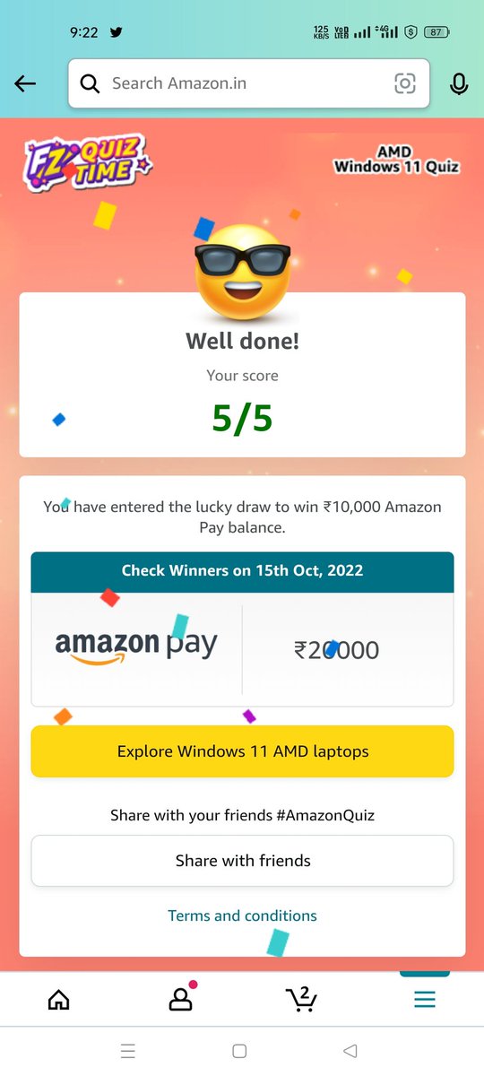 AhsanBh03512747's tweet photo. I played this interesting Quiz on Amazon-Play games at Amazon FunZone. Here  is my Correct answer screenshot.let see who wins this time. Hope 15th Oct is my day.
#WononAmazon
@amazonIN https://t.co/ZFo5tuDUsC