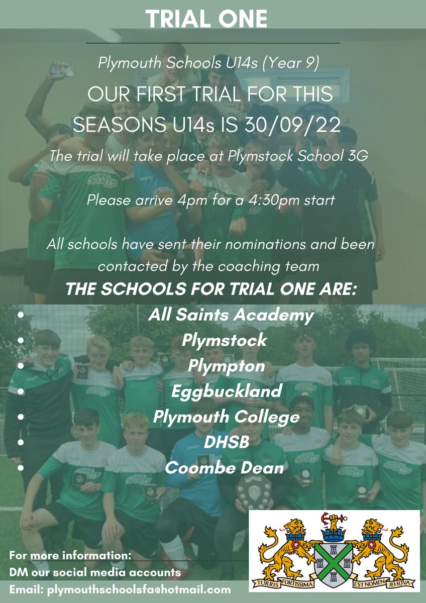 U14s (Year 9) TRIAL ONE

PLYMSTOCK SCHOOL - ARRIVE 4pm for 4:30pm start 

The schools atrending trial one are:
All Saints
Plympton
Plymstock 
Eggbuckland 
DHSB
Coombe Dean
Plymouth College
