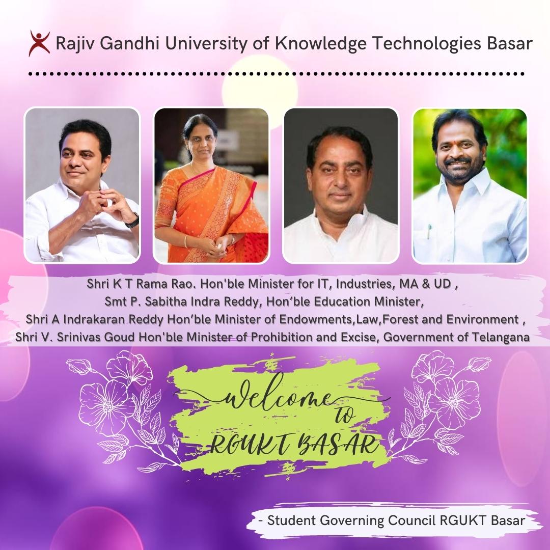 sgc_rguktb's tweet photo. We,the students of RGUKT Basar @sgc_rguktb are privileged to welcome Hon'ble Ministers 
@KTRTRS @SabithaindraTRS @IKReddyAllola @VSrinivasGoud .

#KTRvisitsRGUKTB 
#rguktbasar https://t.co/hwd0hzpoPf