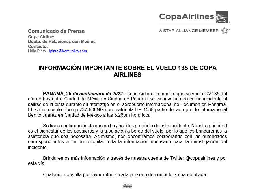 CopaAirlines's tweet photo. IMPORTANTE: primer comunicado oficial del incidente del vuelo #CM135 de hoy con ruta Ciudad de México-Panamá. https://t.co/oYC8AXBXuZ