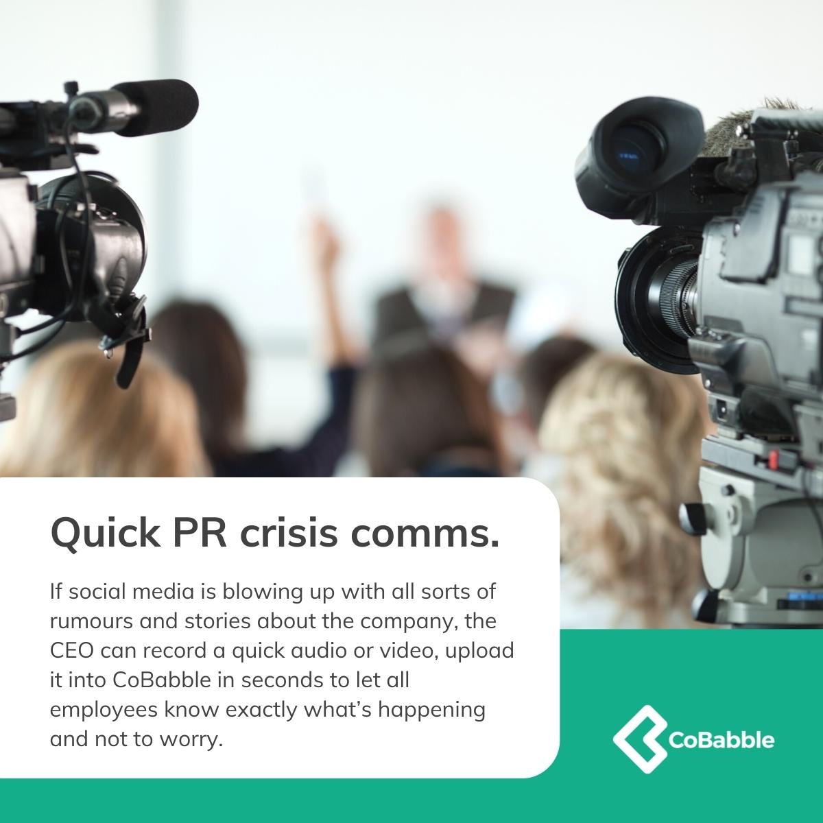 Ensuring your teams know what's going on during a crisis is essential. With CoBabble, a video message from the top can be distributed to each team member's smart phone to let them know exactly what's happening, what's true, what's not &amp; what to do next #communicationiskey #crisis