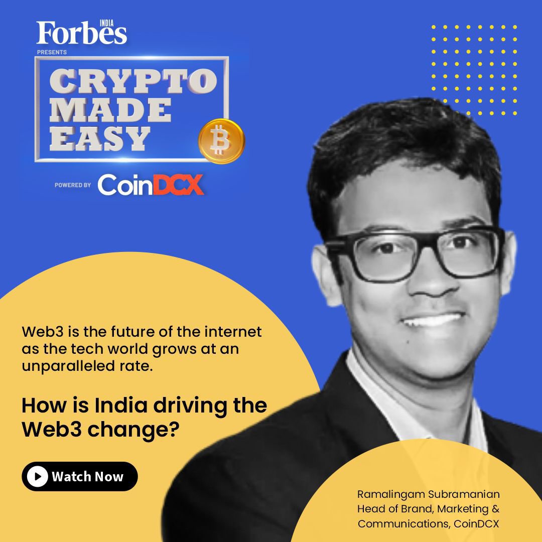 ForbesIndia's tweet photo. Web3 has enabled a vision for a better and new internet which was previously unimagined. Join Ramalingam Subramanian as he shares key insights about Web3 which is built on blockchain technology on #CryptoMadeEasy with @ForbesIndia &amp; @CoinDCX

Watch now - https://t.co/GsAB0X7xNl https://t.co/JXTmFv8zBr