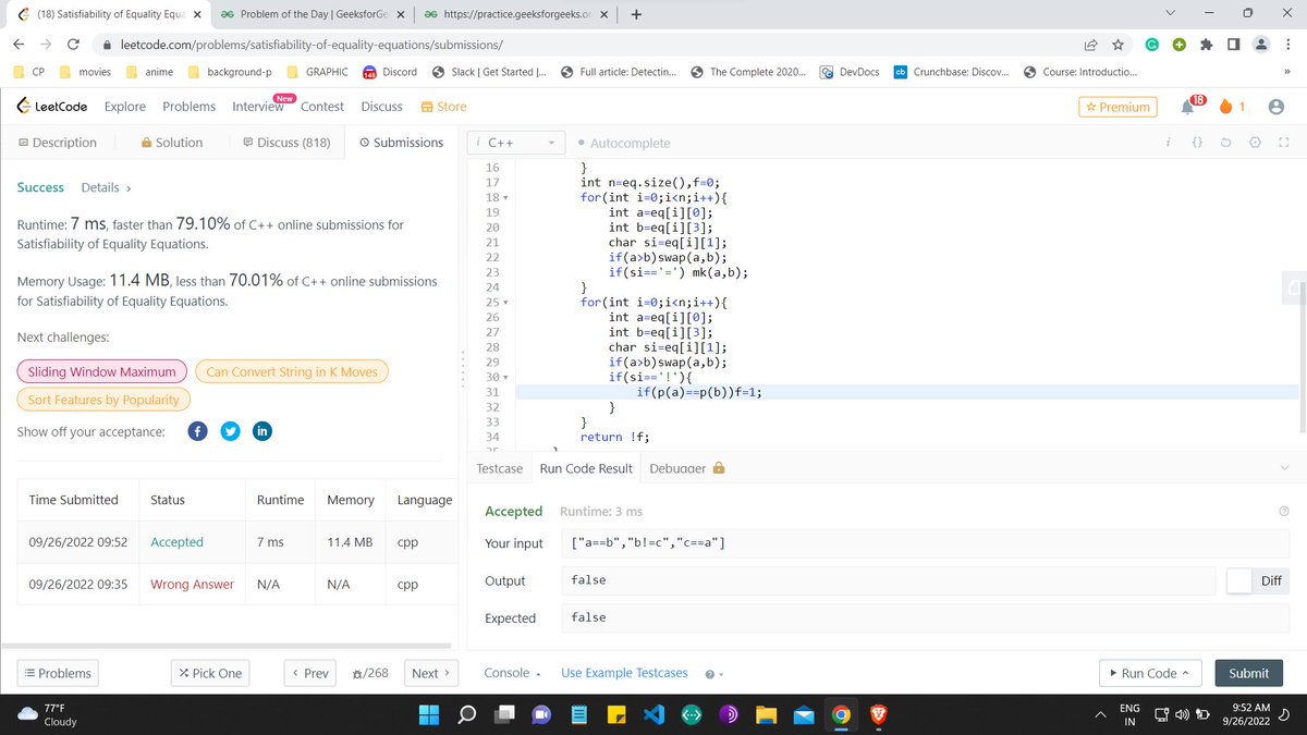 llDarkwayll's tweet photo. Day 88 of 100 Days of Code Program by
@CodeinCommunity

, Supported by
@MinutesCoding

Ques1:Equality Equations(Leetcode)
Code link:https://t.co/aylj2IPprI
Discord:https://t.co/S4dOkeJfQi

#100daysofcodechallenge #codeincommunity #codein100daysofcode #100daysofcode #coding https://t.co/0u0skqRccA