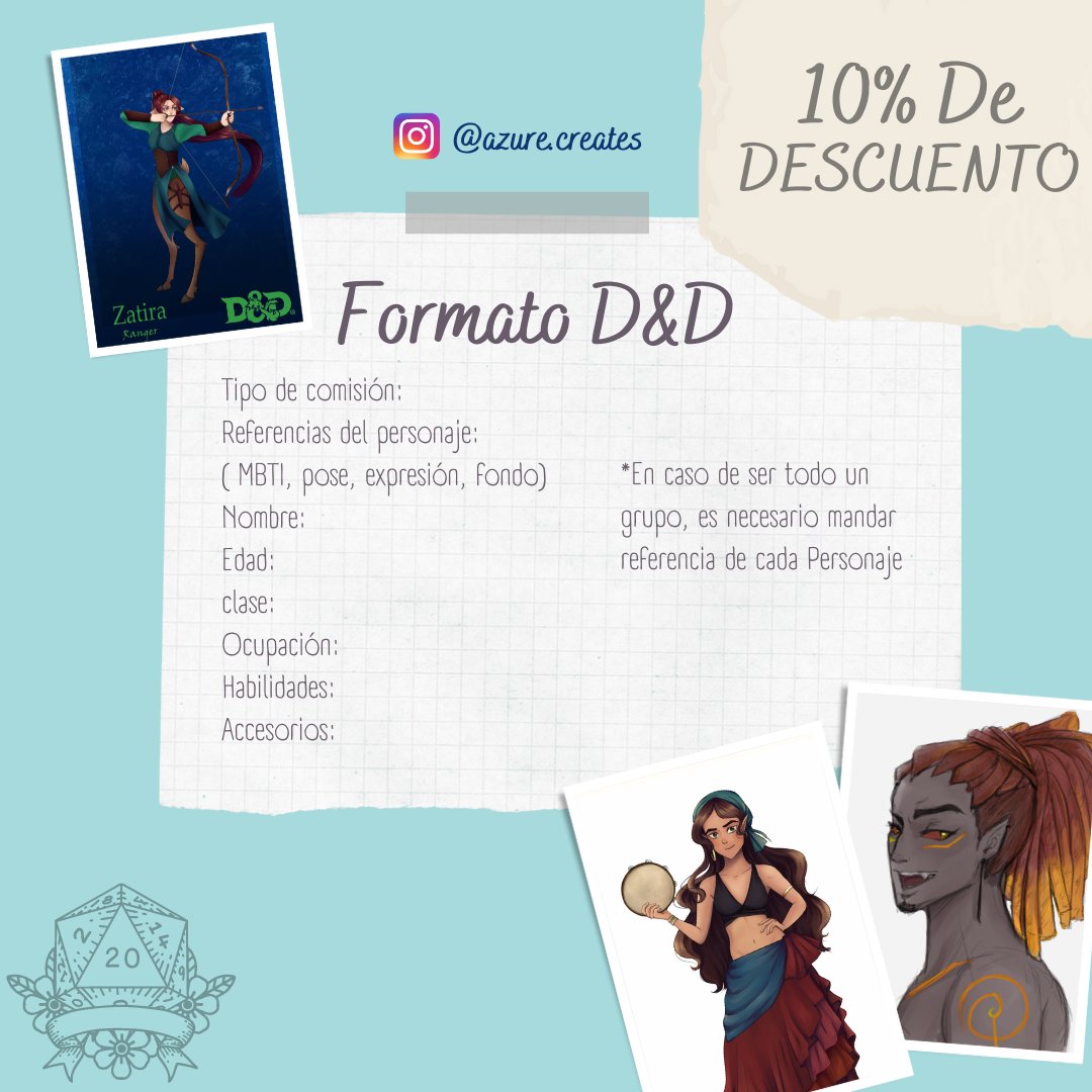 azure_creations's tweet photo. Holi amistades! Estoy juntando dinero para mi vestaurio de Danza árabe y para ello decidí abrir comisiones! HAY DESCUENTOS EN PERSONAJES DE DND! https://t.co/m0hEMxl6PU