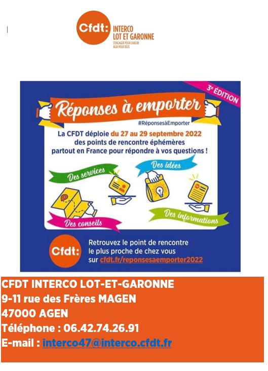 Cfdtinterco47's tweet photo. #reponsesaemporter #CFDT 

Des interrogations ? Ne restez plus sans RÉPONSES !
N'hésitez plus et venez nous rencontrer.

A #marmande :
LE JEUDI 29 SEPTEMBRE 2022
Place du Marché
47200 Marmande https://t.co/qsKJcejiZF