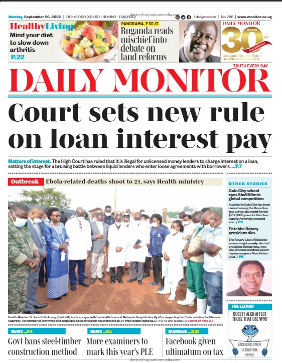 Court sets new rule on loan interest pay. 
Get details of this and more stories in your copy of the <a href="/DailyMonitor/">Daily Monitor</a> 
Follow bit.ly/3xUg3pP to access your e-copy.
#MonitorUpdates
