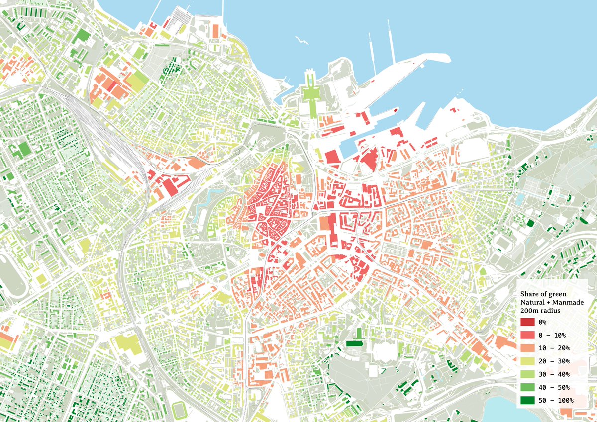 damianocerrone's tweet photo. How much land is dedicated to green an open land?
(Natural, man-made green and recreational green in a 200m radius around buildings) https://t.co/sS4RDqKWSY