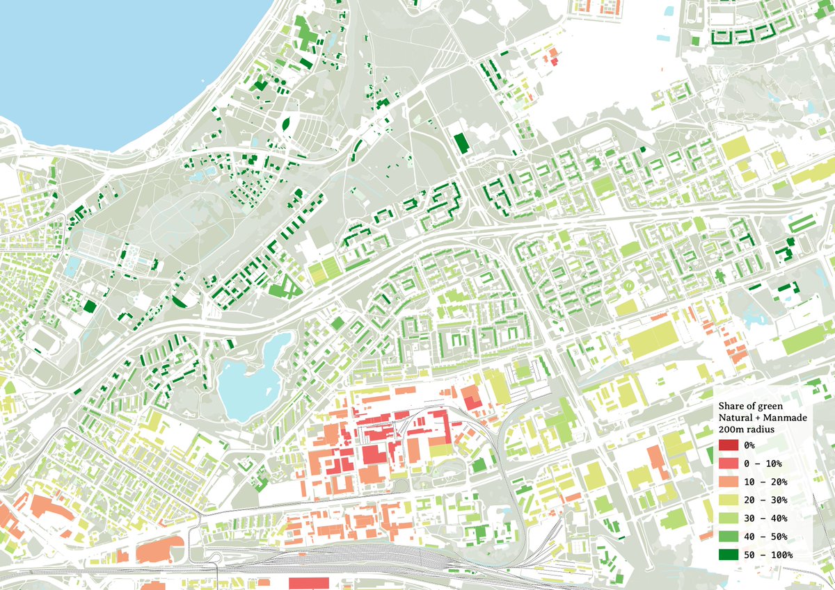 damianocerrone's tweet photo. How much land is dedicated to green an open land?
(Natural, man-made green and recreational green in a 200m radius around buildings) https://t.co/sS4RDqKWSY