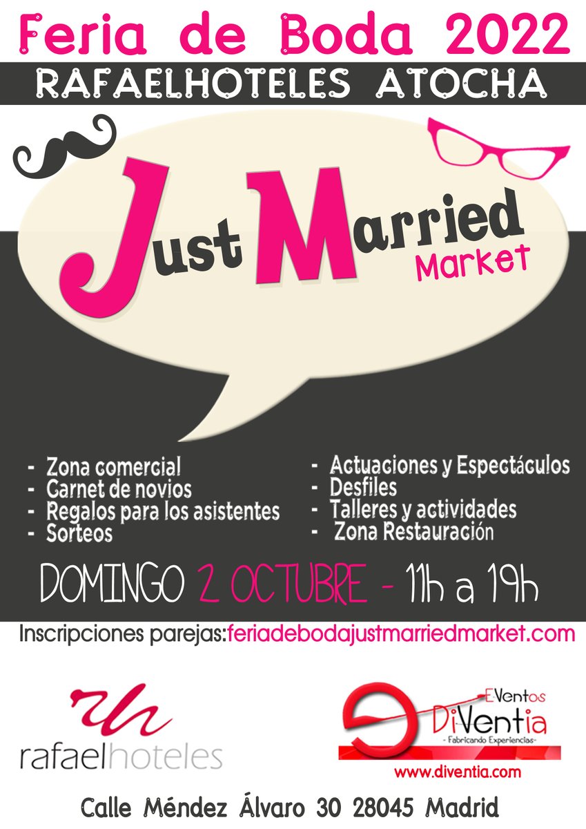 Feria de boda diferente y original
Domingo 2 de octubre #quehacerenmadrid
Entrada gratuita con inscripción: feriadebodajustmarriedmarket.com
Talleres, actuaciones, sorteos, regalo de bienvenida, y un montón de sorpresas.
En <a href="/Rafaelhotel/">HOTEL SAN RAFAEL</a> Atocha, Madrid
#boda #novia #mecaso #bodamadrid