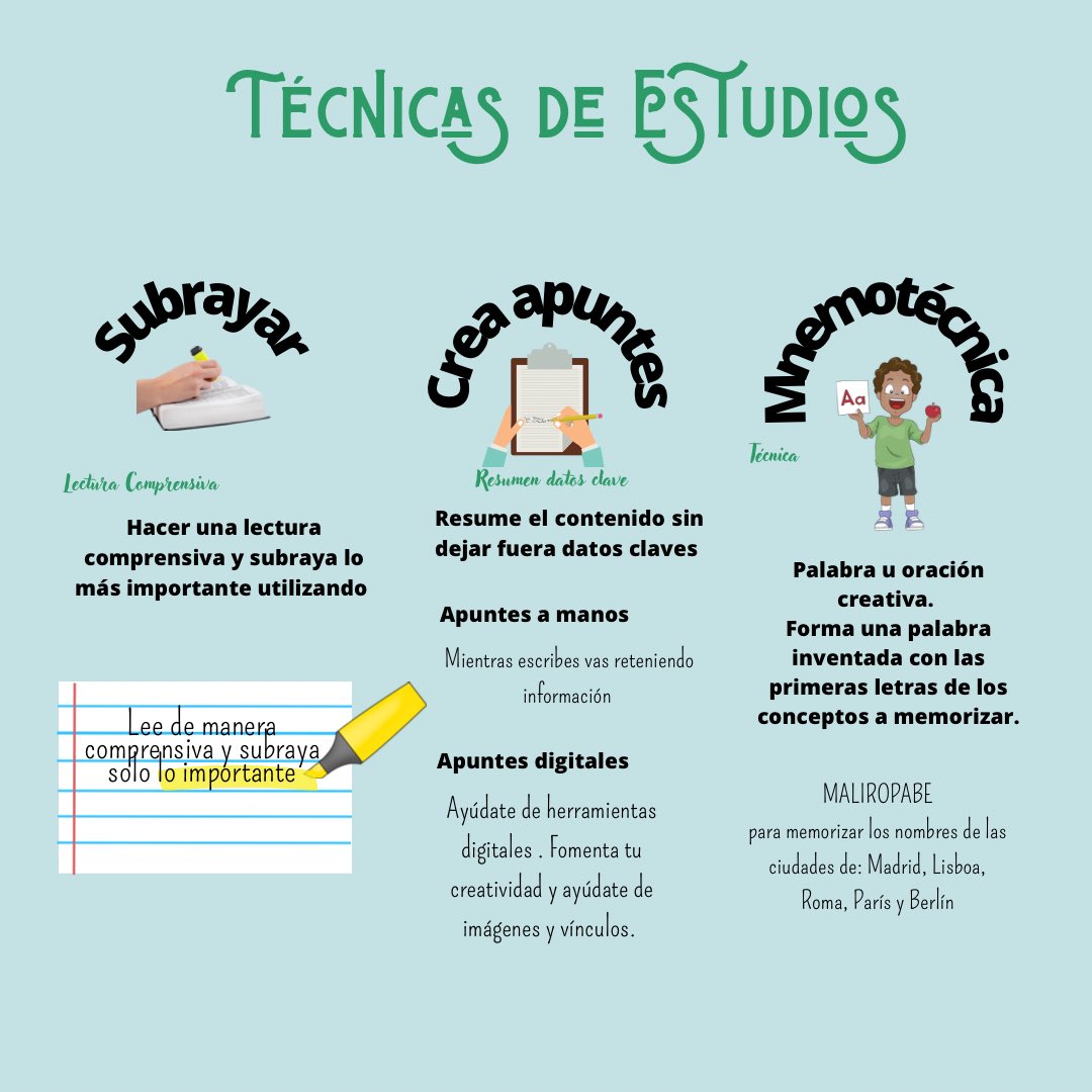 AngelTerrn's tweet image. Técnicas de estudios. Estrategias que un estudiante de cualquier nivel educativo puede llevar a cabo para obtener los mejores resultados en sus estudios. Poco a poco le enseñaré a mi alumnado a utilizar estas 7 estrategias. Espero que te sirva el recurso. ¿Me ayudas a compartir?