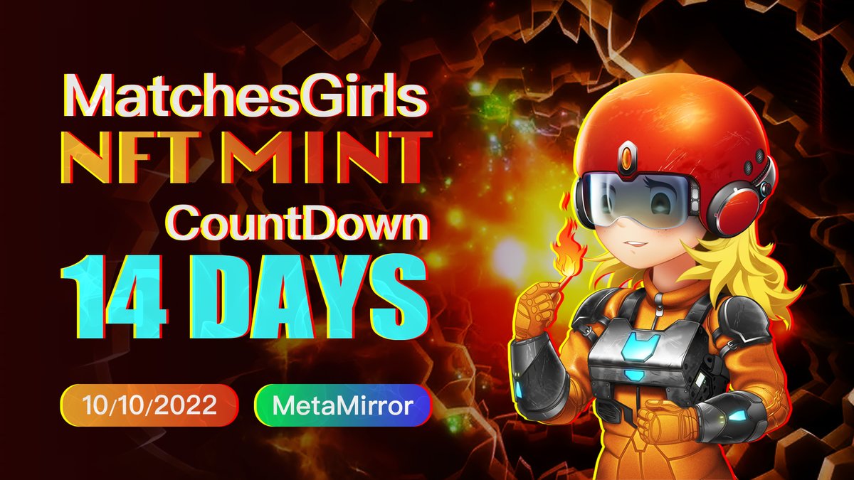 ⏳𝟏4 𝐝𝐚𝐲 𝐜𝐨𝐮𝐧𝐭𝐝𝐨𝐰𝐧 𝐭𝐨 #MatchesGirls #mint 
 🔥NFT launch on MetaMirror 
<a href="/Auth3MetaMirror/">MetaMirror</a>
<a href="/OasisLabs/">Oasis Labs</a>
<a href="/OasisNetwork_CN/">Oasis中文频道</a>

⏰12:00 PM（UTC）Oct. 10th 2022
 📍venue: wp.samsara-labs.com
  💞Quantity：1846 ,Commemorate The story was created in 1846
#NFTCommunity