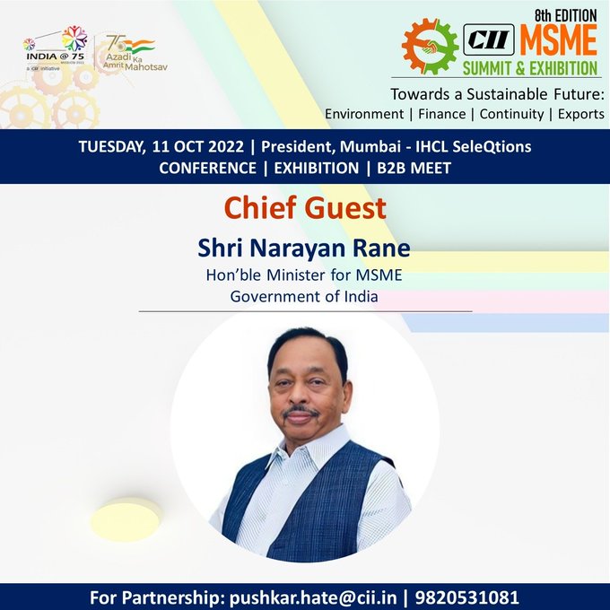 CII4WR's tweet photo. Save the Date!
Join us for the #CIIMSMESummit w: the theme “Towards a sustainable future: Environment | Finance | Continuity | Exports.” inaugurated by Shri Narayan Rane, Hon'ble Minister of MSME,GOI on 11 October.
@narendramodi @MeNarayanRane @minmsme @makeinindia #Vocal4Local https://t.co/0G1wuf6T0M