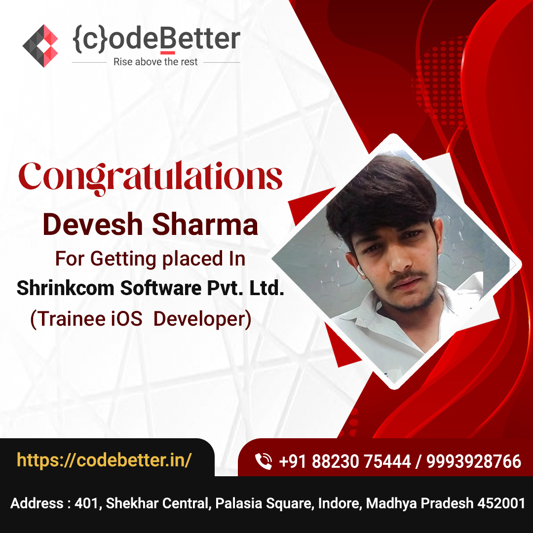 codebetterindia's tweet photo. Congratulations @ Devesh Sharma for tracking your way towards success with #CodeBetter!

Contact us:+91 88230 75444
Visit Website:https://t.co/hdpAKMQZMy

#softwareDeveloper #ReactJS  #softwareengineer #iOSDeveloper #iOSAppDeveloper #Jobseekers #internship #iOSTraining https://t.co/Kt3q2aInPl