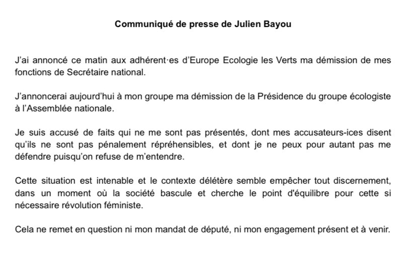 Face aux accusations relayées par ⁦<a href="/sandrousseau/">Sandrine Rousseau</a>⁩, ⁦<a href="/julienbayou/">Julien Bayou</a>⁩ annonce sa démission du Secrétariat National de <a href="/EELV/">Les Écologistes - EELV</a> et de la co-présidence du groupe à l’Assemblée cc <a href="/LCI/">LCI</a> #la26