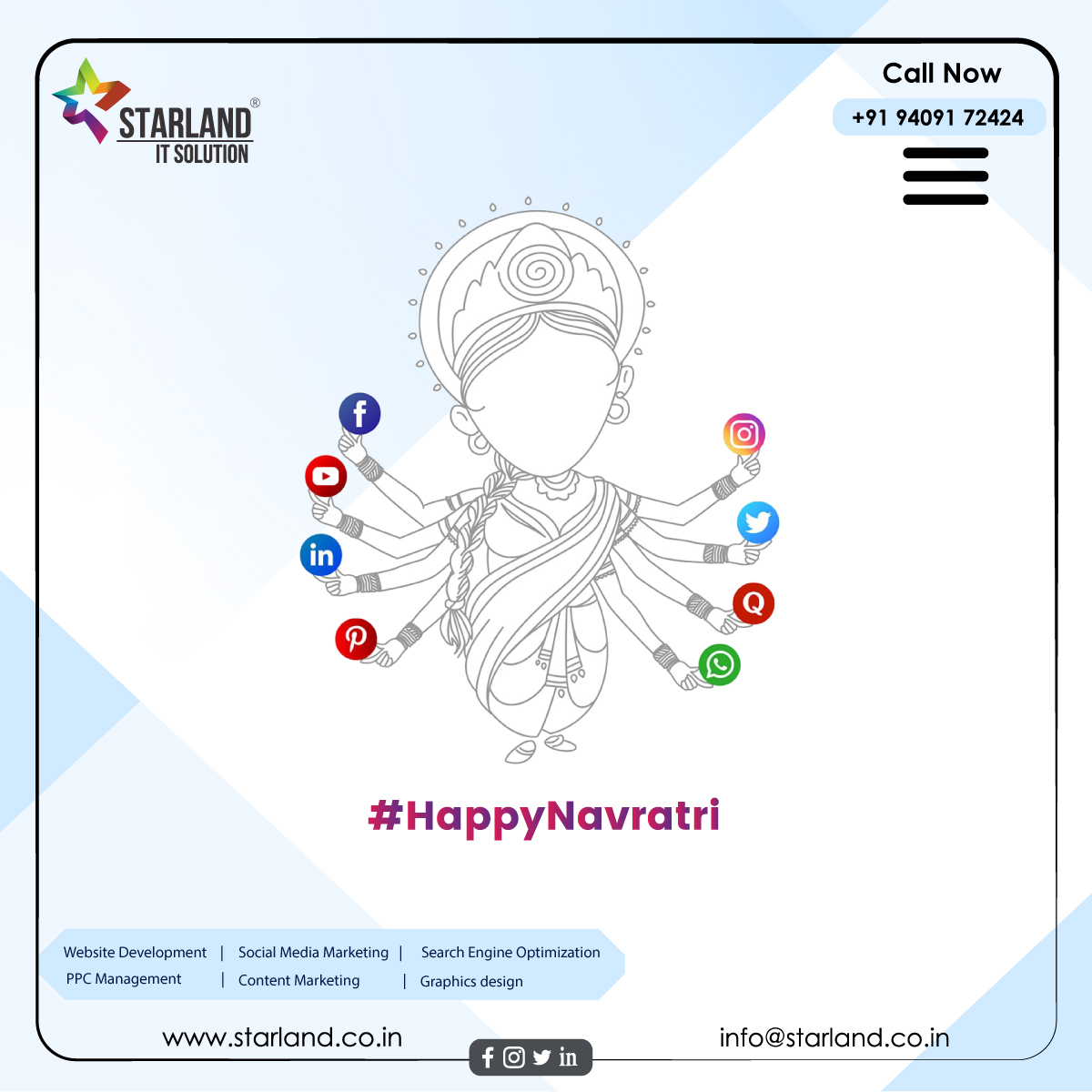 starlandits's tweet photo. May these 9 days fill up joy and open up the lock doors in your life.

Team Starland wishes everyone a Happy Navratri🙏💃!!!

#StarlandITSolution #happynavratri #navratri #happynavratri2022 #festival #digitalagency #shubhnavratri #ninedivine #blessings https://t.co/pyDmVS6mJ2
