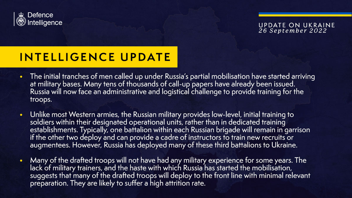 Latest Defence Intelligence update on the situation in Ukraine - 26 September 2022 Find out more about the UK government's response: ow.ly/2N1L50KSw0A 🇺🇦 #StandWithUkraine 🇺🇦