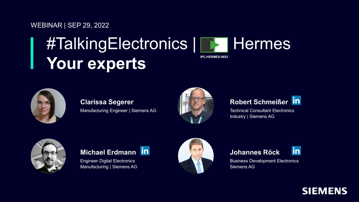 In three days the time has finally come - our webinar about #HERMES communication in #electronics industry starts.
Curious about how to increase the efficiency ↗ of your #SMT line? 
📱🤖 Then register here for free 👉 sie.ag/3c9pERX
<a href="/siemensindustry/">Siemens Industry</a>
