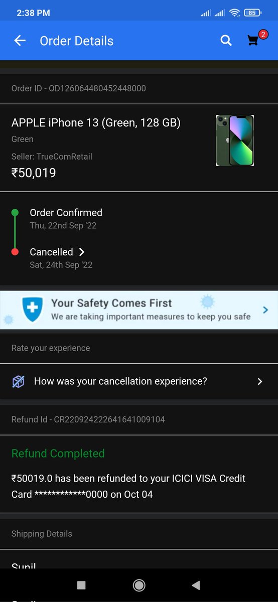 ananth_raghava's tweet photo. I ordered a iphone 13 128 gb in the night when the sale started. After the item is shipped  got its delivered prepaid number. and it got cancelled.
@Flipkart @flipkartsupport And the customer support are not lifting the call . @Flipkart https://t.co/2pHANS8wwq