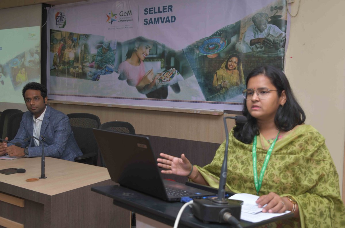 PIB_Guwahati's tweet photo. Smt. Pavni Gupta, Deputy Director, @PIB_Guwahati, delivering the welcome address at the #GeMSellerSamvad today. https://t.co/N5mr5Rkxwn