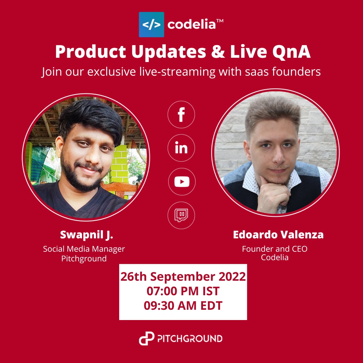 PitchGroundHQ's tweet photo. It's a webinar time: Product Updates & Live QnA with Codelia Team
Date & Time : Mon, Sep 26, 07:00 PM GMT+5:30
Register Here : https://t.co/qp6HzWFvJ0
Streaming on YouTube, Facebook, Linkedin, Twitter, Twitch, etc
#codeliaCMS #CMS #HeadlessCMS #NoCode https://t.co/f7SfxTh1pb