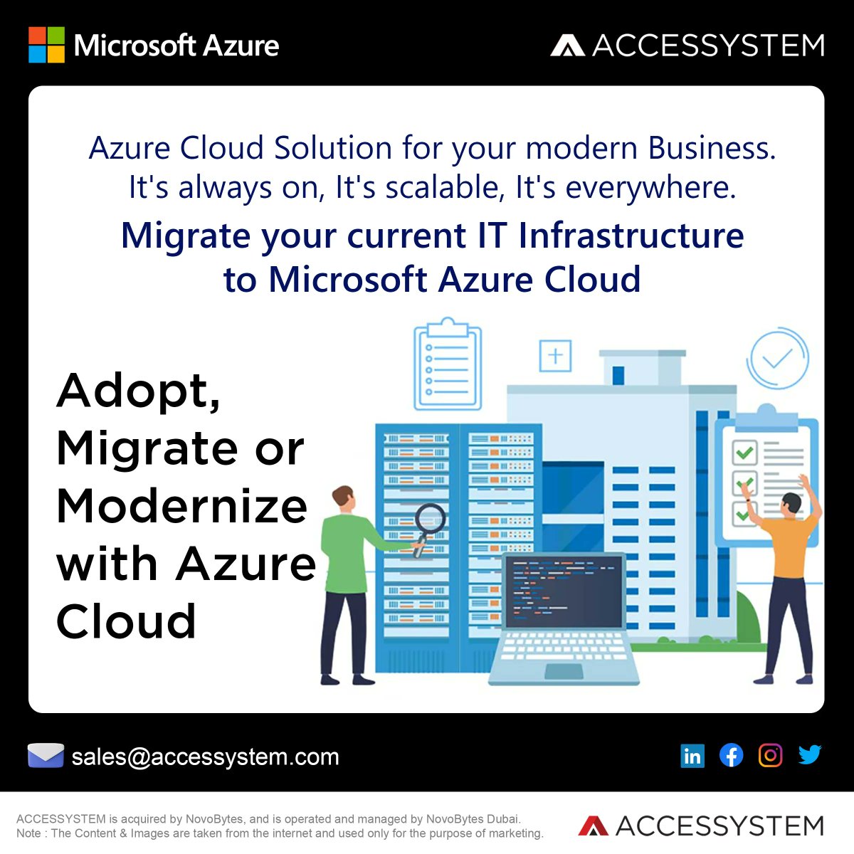 ACCESSYSTEM_IT's tweet photo. Microsoft Azure Cloud Solution.
Migrate your current IT Infrastructure to Microsoft Azure, Lets Adopt, Migrate or Modernize with Azure Cloud Solution
Sales : sales@accessystem.com
#Microsoft #MicrosoftAzure #Azure #AzureCloud #Cloud #CloudSolutions #CloudComputing #ACCESSYSTEM https://t.co/B2ZajATUGY