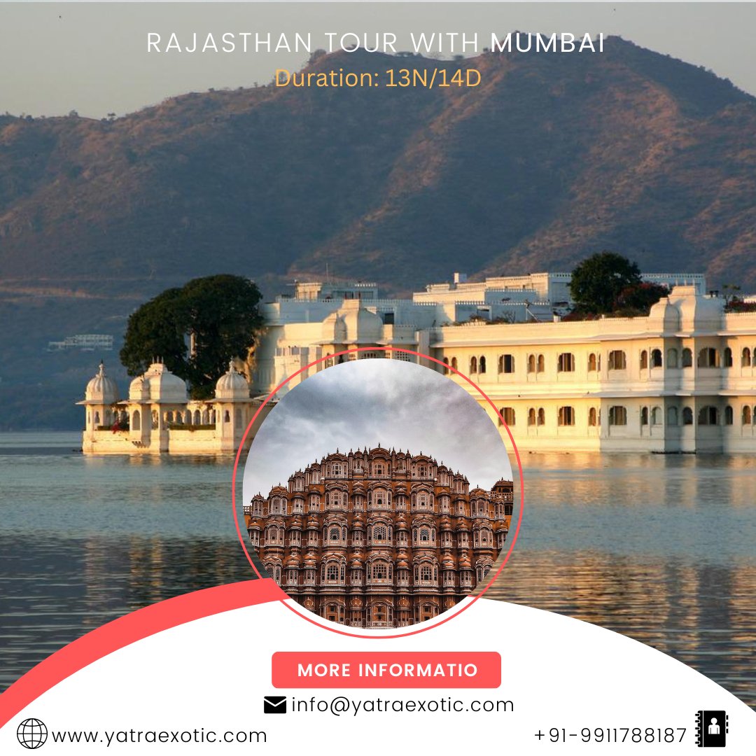 ExoticYatra's tweet photo. #rajasthantourism #mumbaitours #Indiatourism #IncredibleIndia

Start and ends in Mumbai! The 14 days India tour will let you explore Mumbai, Jaipur, Ajmer, Pushkar, Chittorgarh, Udaipur, Mount Abu, Ranakpur, Jodhpur, Jaisalmer, and Bikaner.

https://t.co/fbjJHdxQKm https://t.co/mX67elJ6iX