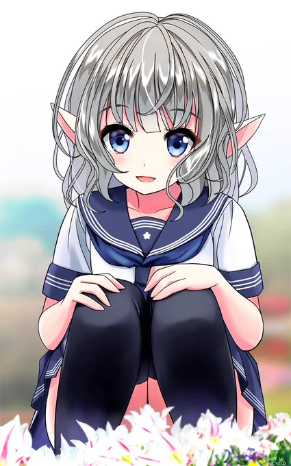 銀髪碧眼夏服セーラー黒ニーソのエルフ美少女の例です 