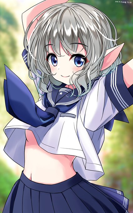 銀髪碧眼夏服セーラー黒ニーソのエルフ美少女の例です 