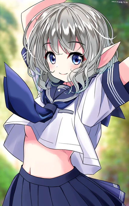 銀髪碧眼夏服セーラー黒ニーソのエルフ美少女の例です 