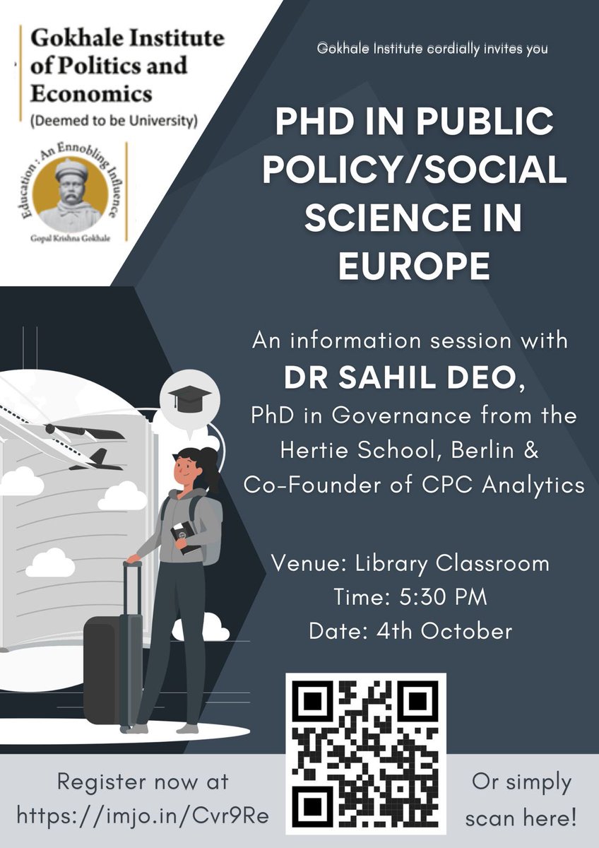 Folks very sorry for this! 

PhD info session next Tuesday, 4th October 530pm at <a href="/gipe_official/">Gokhale Institute of Politics and Economics</a>

Do come! Promises to be fun. Would be more of a discussion around this topic. 

<a href="/aparanjape/">Amit Paranjape</a> <a href="/vikramsathaye/">Vikram Sathaye</a> <a href="/sudhirmehtapune/">Dr. Sudhir Mehta</a> <a href="/SidShirole/">Siddharth Shirole</a> <a href="/cIndraneel/">Indraneel Chitale</a> <a href="/SiddharthDesai/">Siddharth Desai</a> <a href="/OsSathe/">Omkar Sathe</a> <a href="/Girbane/">Prashant Girbane</a>
