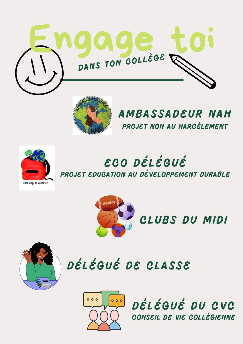 LaMadeleine_49's tweet photo. Cette semaine, Engage Toi ! Le collège te propose de multiples façons de t’engager auprès des autres et/ou pour toi. #angers #college49 #engagetoi #cvc #clubsdumidi #ecodelegues #NAH #E3D #stopharcelement #deleguedeclasse https://t.co/XnahvvVDaR
