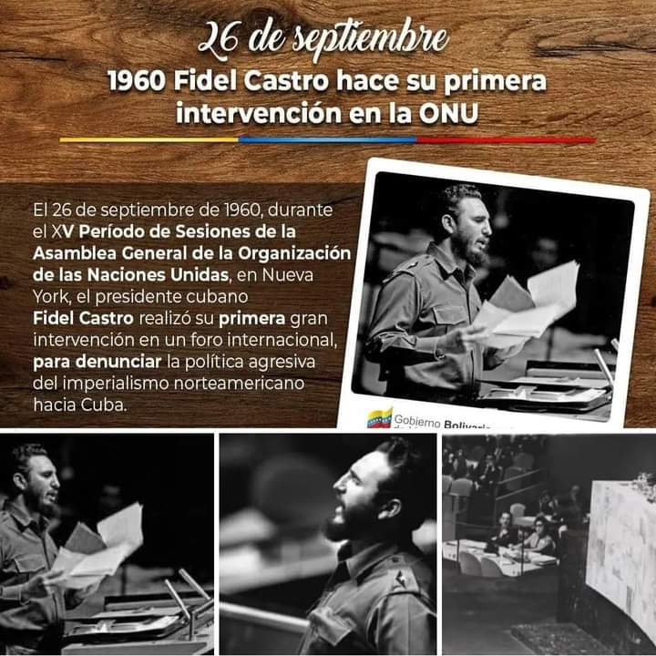 Un día como hoy el Comandante en Jefe Fidel Castro Ruz en la sede de las Naciones Unidas, Estados Unidos, el 26 de septiembre de 1960, pronuncia su histórico discurso ante la XV Asamblea General de la ONU, que duró 4 horas y 20 minutos. 
#CubaViveEnSuHistoria #FidelPorSiempre