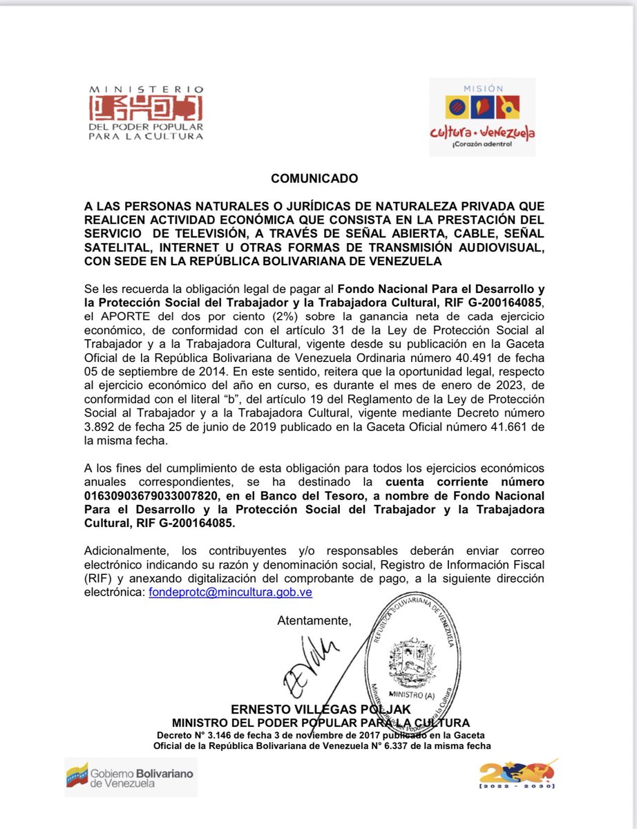 VillegasPoljak's tweet photo. RECORDATORIO a productoras de espectáculos públicos con artistas extranjeros y cobro de taquilla: la ley venezolana las OBLIGA a pagar aportes al Fondo de Protección Social al Trabajador y Trabajadora Cultural. Lo mismo a empresas prestadoras de servicios de TV. Más info:

#26Sep https://t.co/j8ykw1wD05