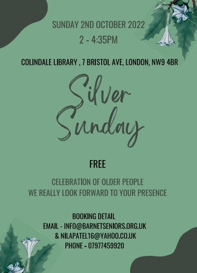 BarnetLibraries's tweet image. On Sun 2 Oct from 2–4.45pm at #ColindaleLibrary, celebrate #SilverSunday with #BarnetSeniorsAssociation &amp;amp; fellow senior residents. There'll be tea, cake, entertainment, and a chance to meet new people. Contact info@barnetseniors.org.uk. @BarnetCouncil @cct_colindale @ageukbarnet